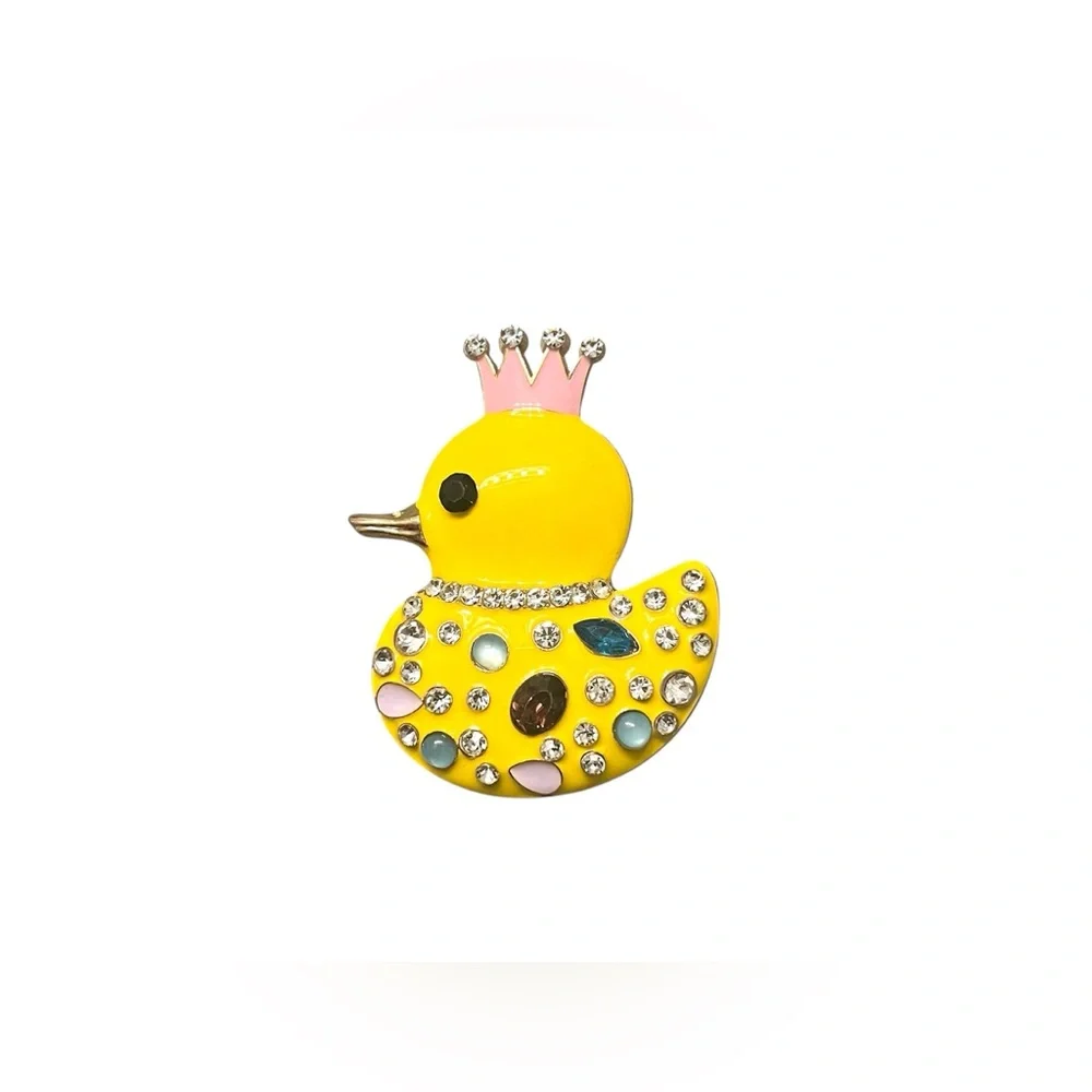 Gold Toned Yellow Enamel Crown Duck Brooch with Rhinestones